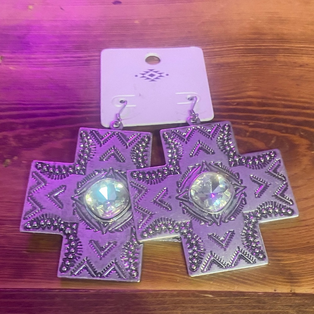 Silver Cross Earrings with Gemstone